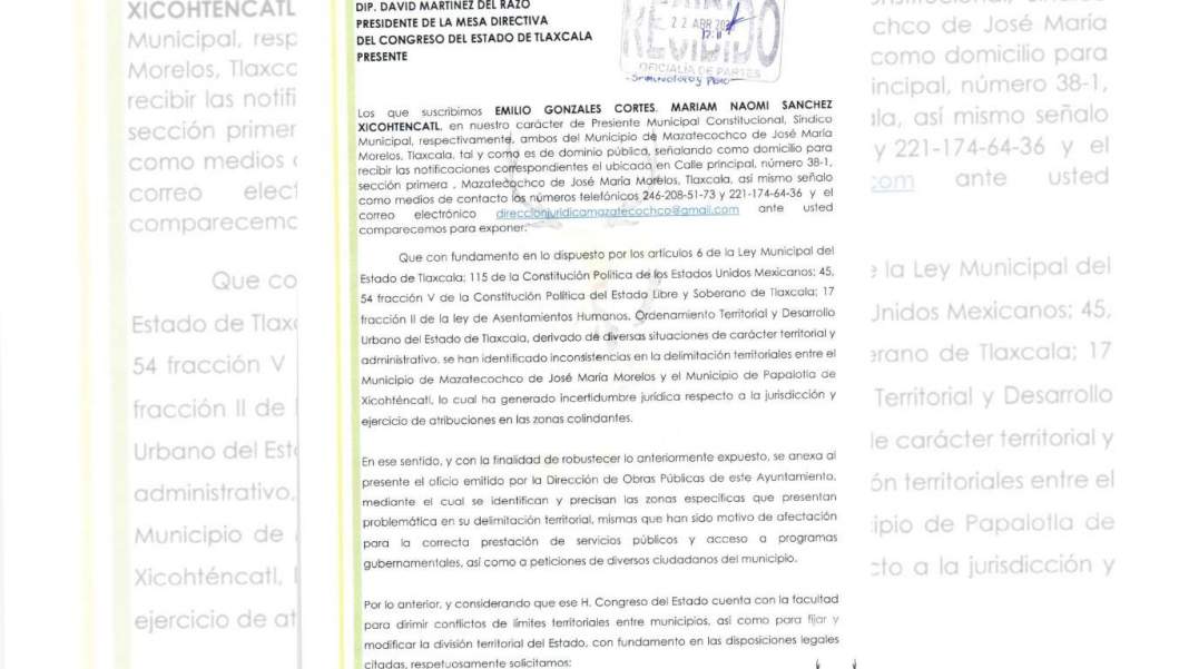 Mazatecochco solicita al Congreso definir límites con Papalotla y dar certeza a ciudadanos