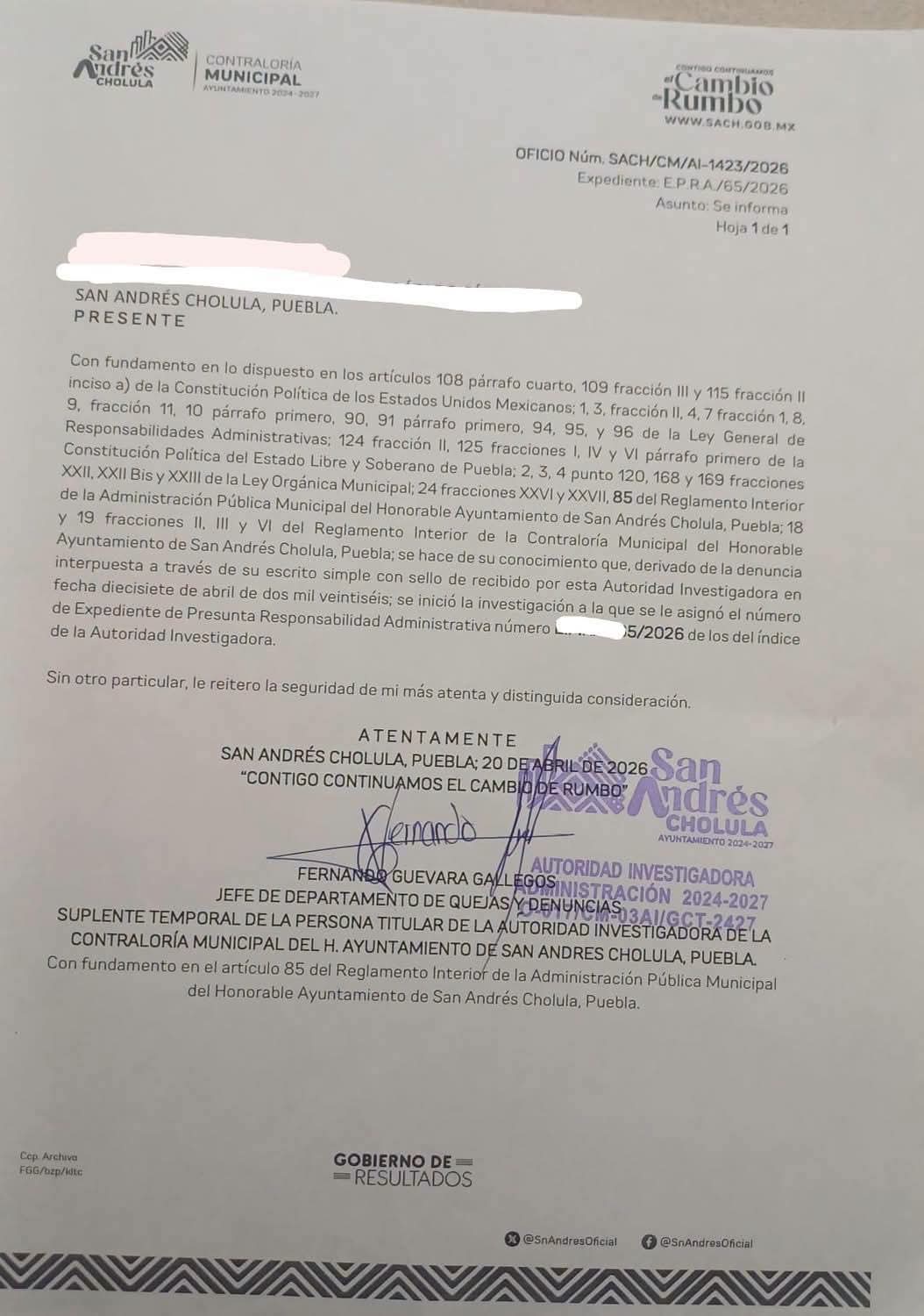 Solicitan investigar presuntas irregularidades en acta de nacimiento en San Andrés Cholula