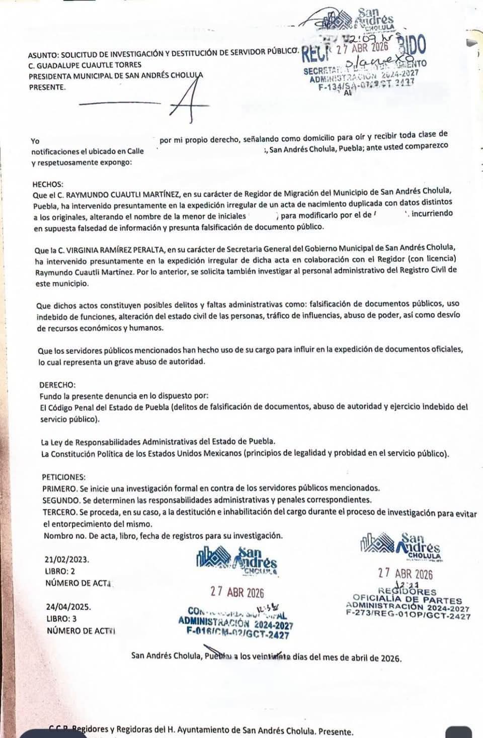 Solicitan investigar presuntas irregularidades en acta de nacimiento en San Andrés Cholula
