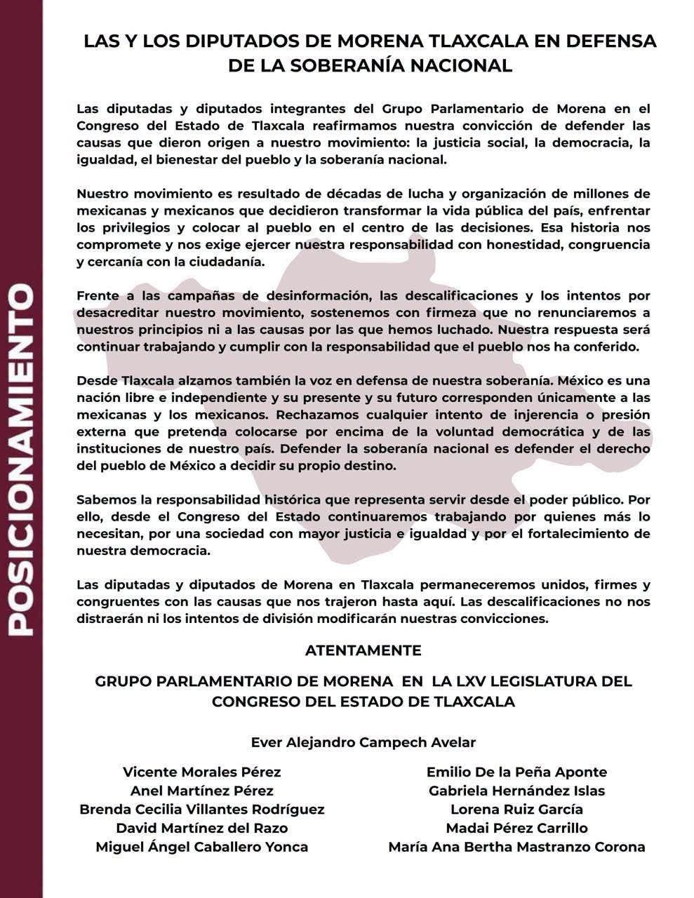 Bancada de Morena en Tlaxcala cierra filas contra "desinformación"