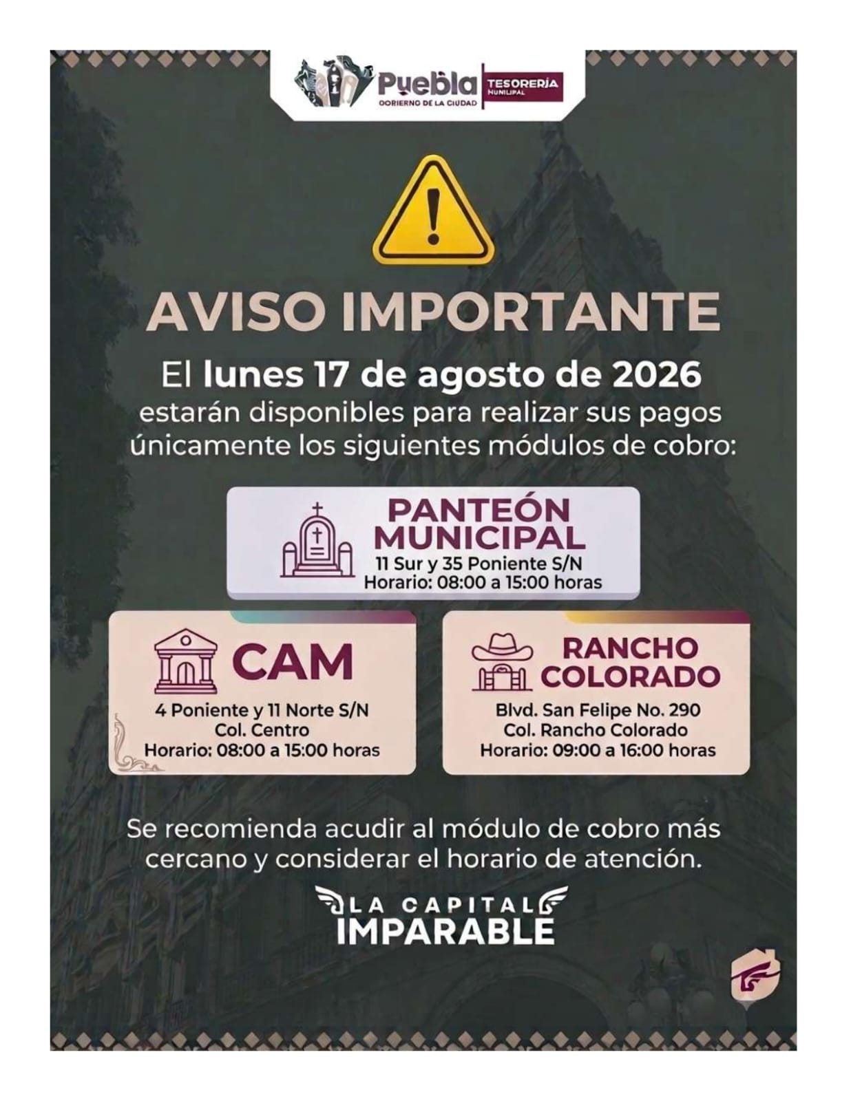 Tesorería de Puebla mantendrá módulos de pago abiertos durante el Día del Empleado Municipal
