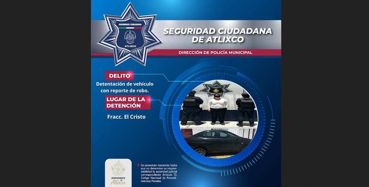 Policías de Atlixco aseguran un auto con reporte de robo.