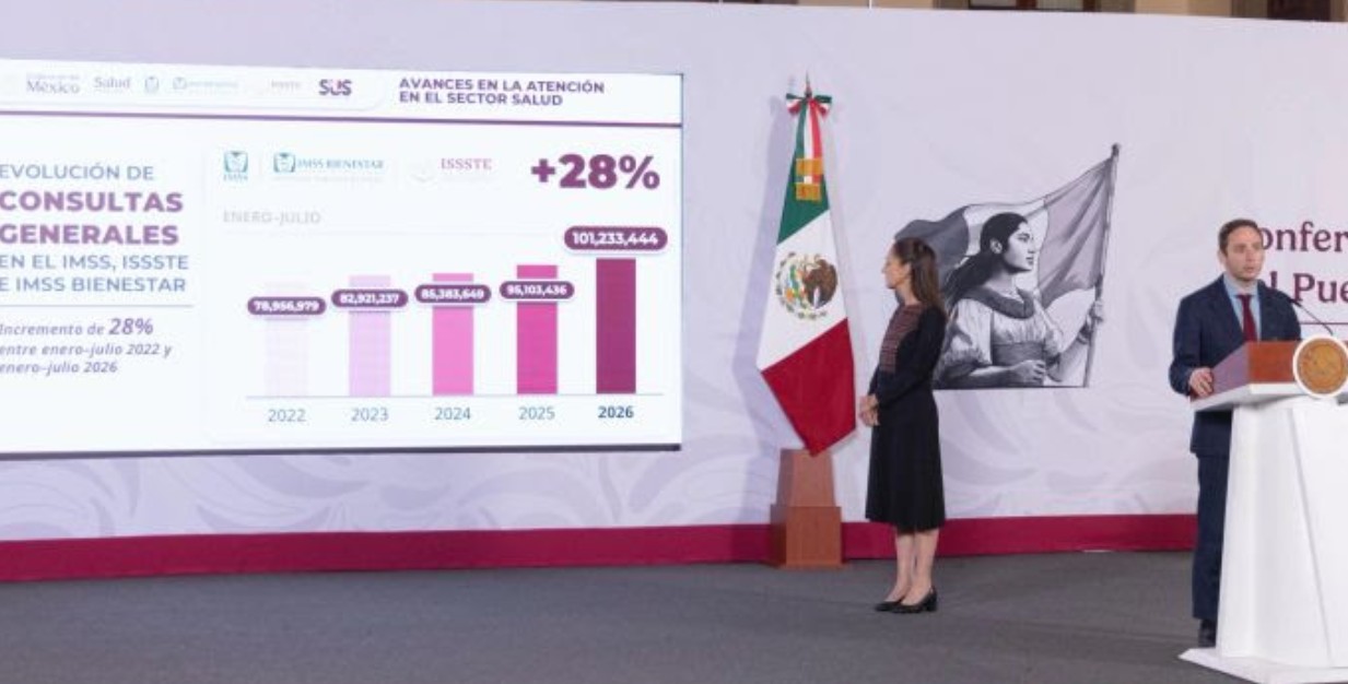 Claudia Sheinbaum durante una conferencia sobre salud pública en México.