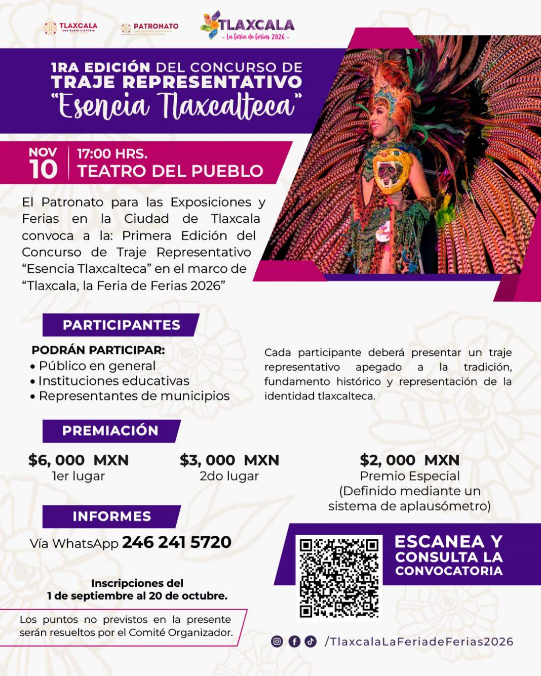Indumentaria tradicional presentada en un evento cultural de Tlaxcala.