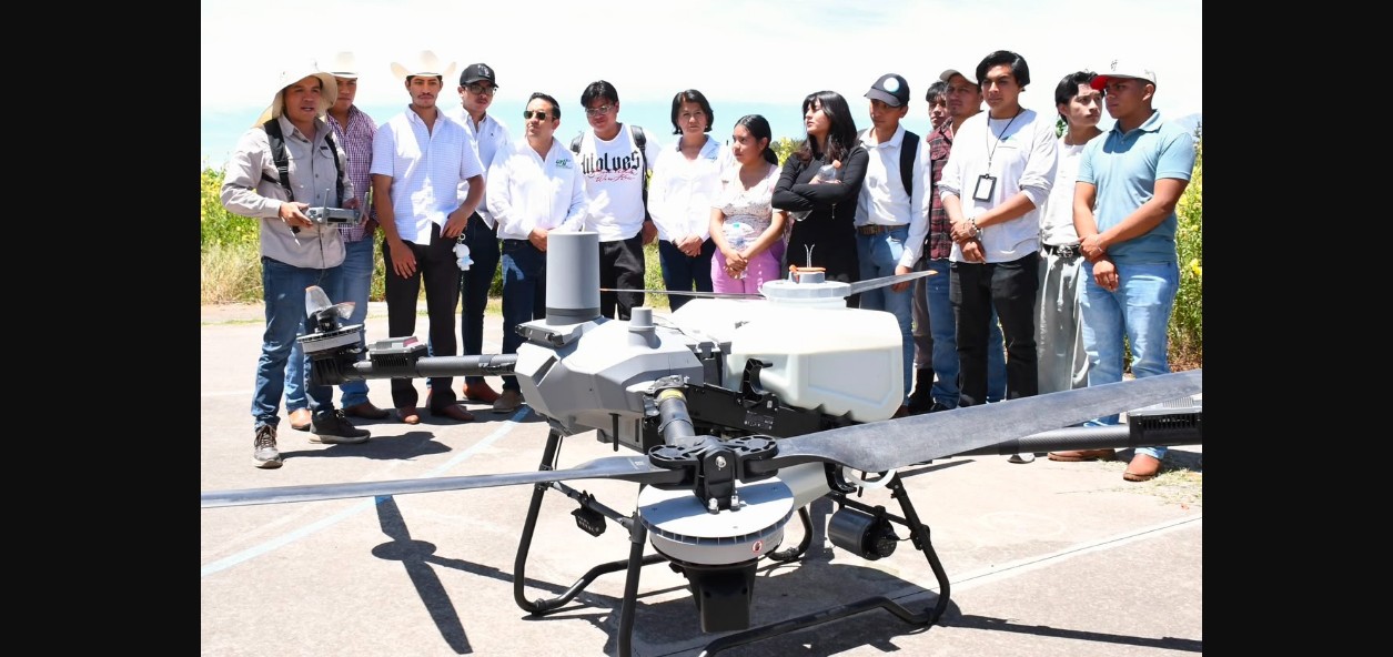 Estudiantes observan un dron agrícola durante una práctica de fertilización en un cultivo de maíz.