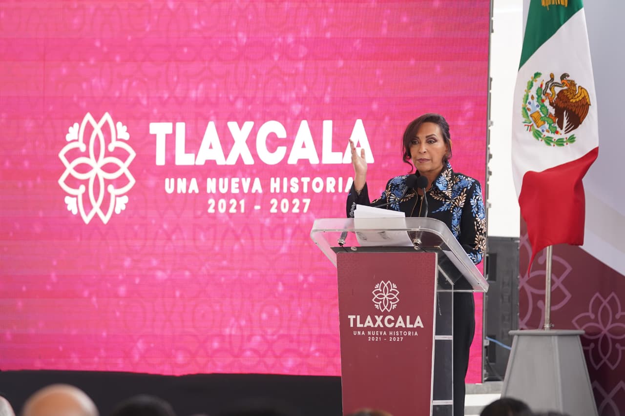 Gobernadora Lorena Cuéllar durante informe de seguridad en Tlaxcala