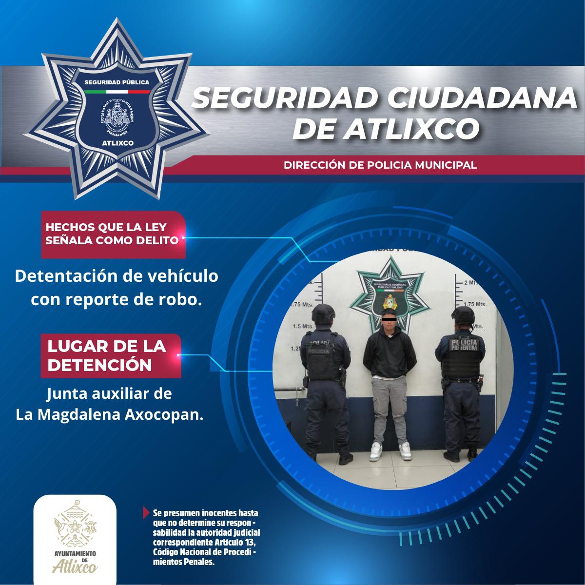 SSC Atlixco asegura vehículo robado y detiene a tres personas en Axocopan