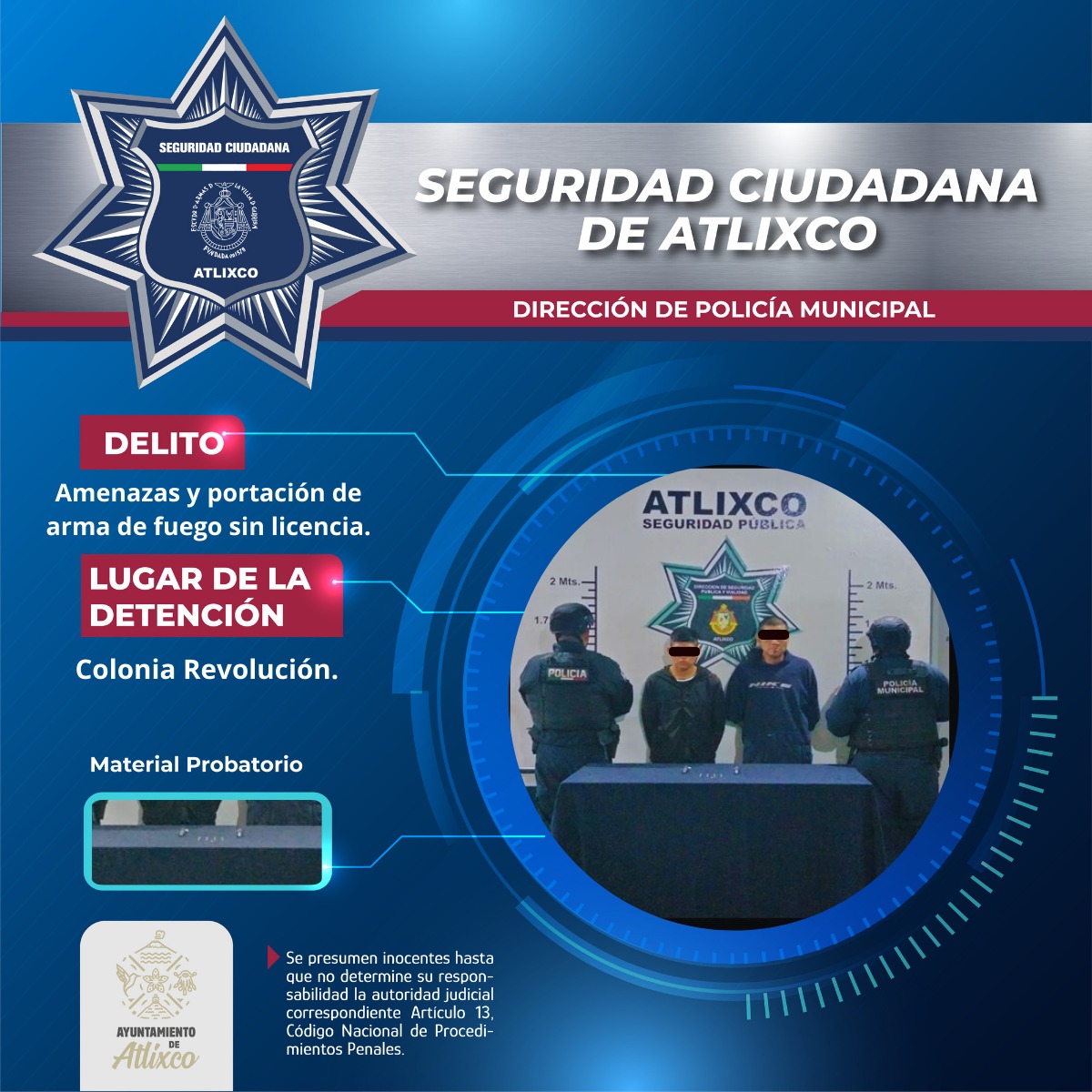 SSC Atlixco detiene a dos hombres por amenazas y portación ilegal de armas