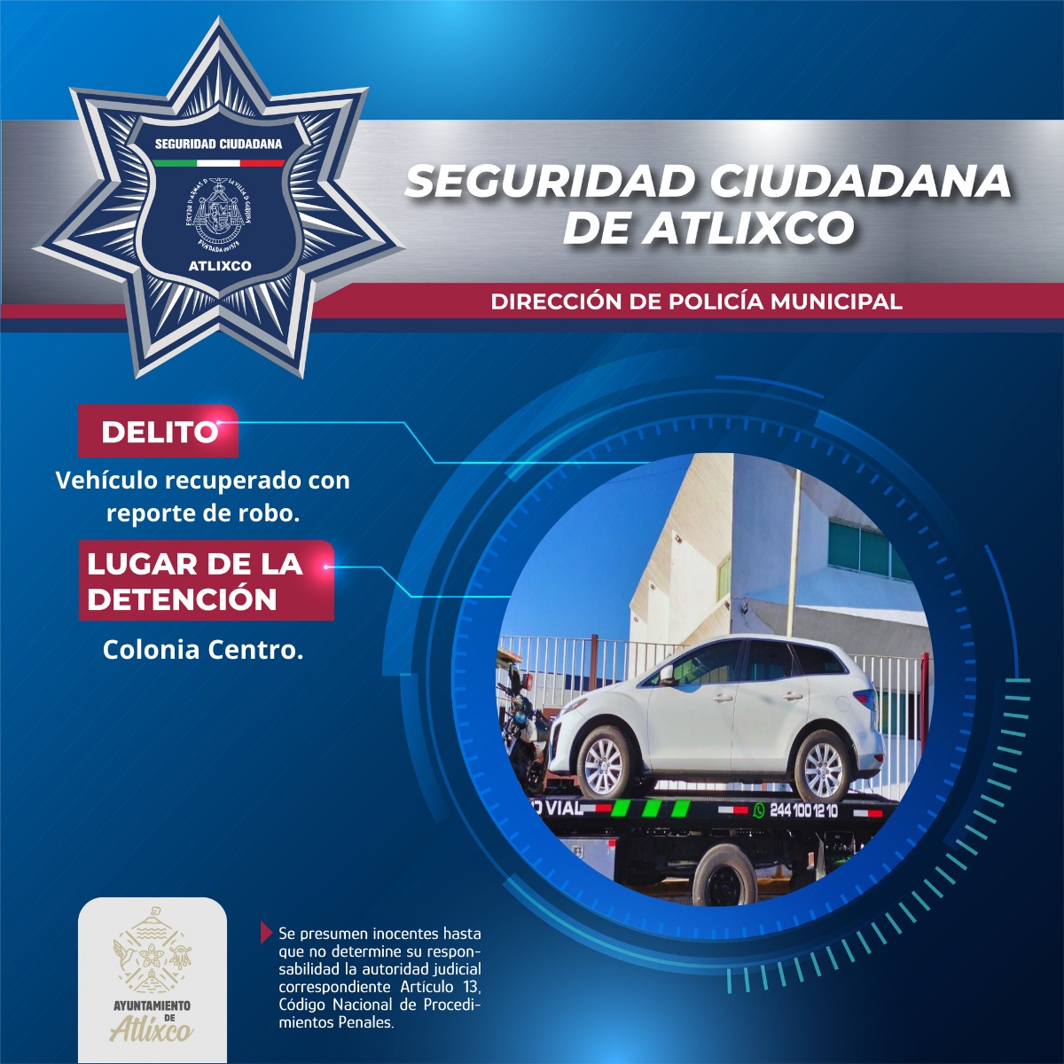 Policía de Atlixco asegura vehículo con predenuncia de robo en Álvaro Obregón