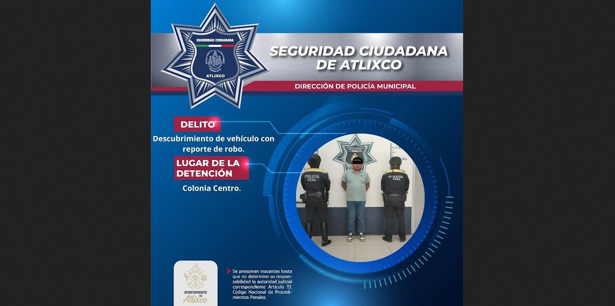 Detienen a hombre con camioneta robada en el Centro de Atlixco