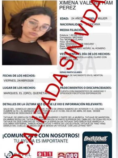 Ficha de búsqueda de Ximena Valeria Ham en Querétaro.