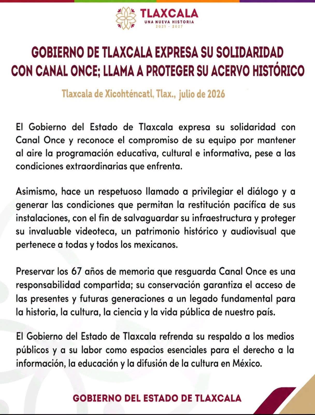 Gobierno de Tlaxcala respalda a Canal Once y exige proteger su acervo histórico