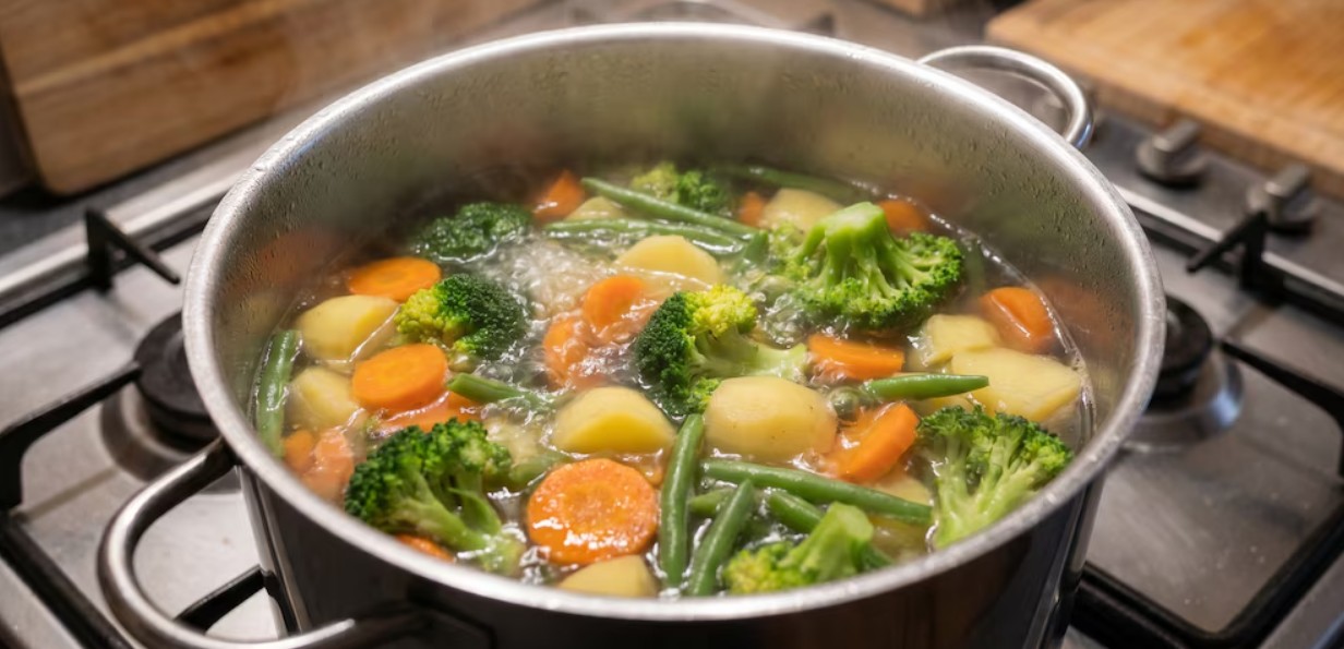 Verduras verdes cocidas en una olla con agua hirviendo.