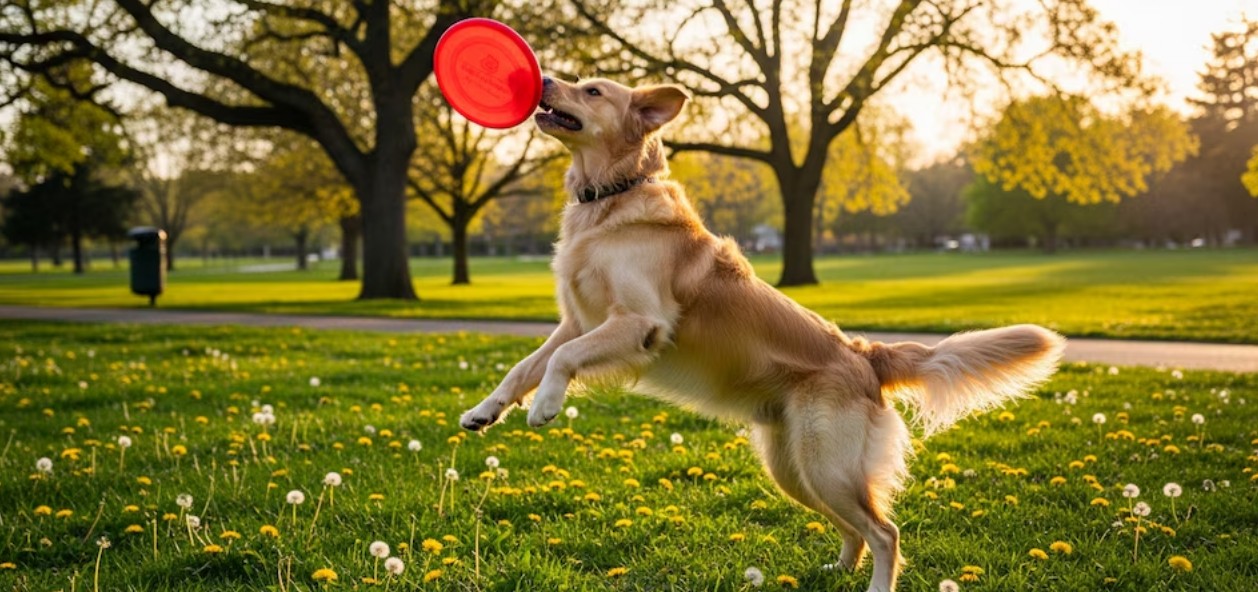 Perro Golden Retriever jugando con una familia en un parque.