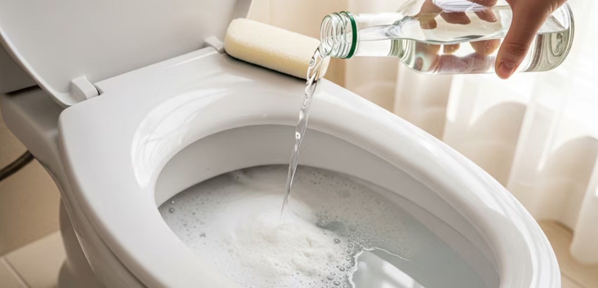 Botella de vinagre blanco junto a artículos de limpieza del hogar.