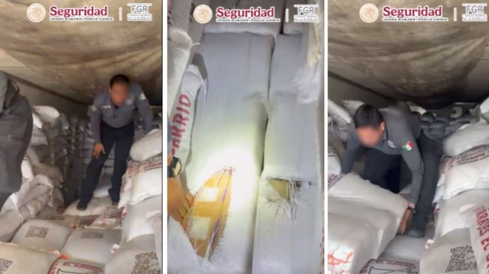 Costales con droga asegurada en un tractocamión en Sonora.