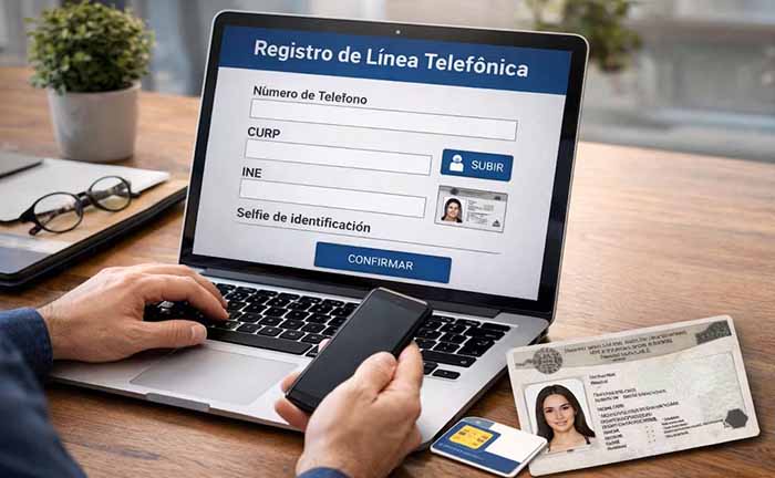 Persona usando un teléfono celular con aviso sobre registro de línea.