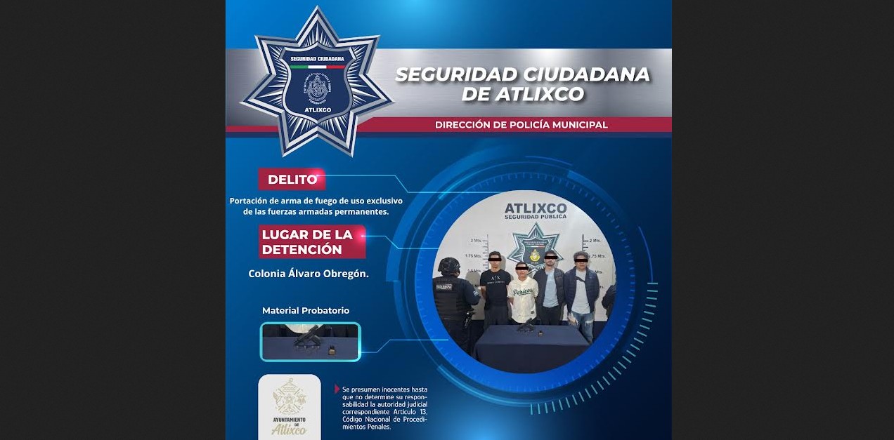 Patrulla de la Policía Municipal durante un operativo en Atlixco.