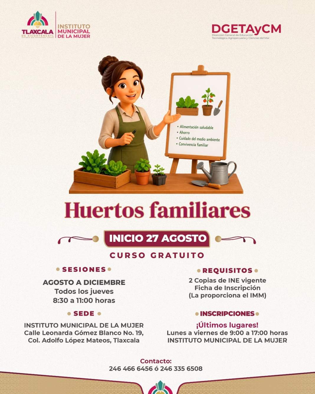 Personas aprendiendo a cultivar un huerto familiar en Tlaxcala.