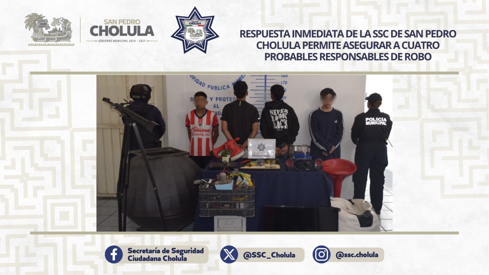 Respuesta inmediata de la SSC de San Pedro Cholula permite asegurar a cuatro probables responsables de robo
