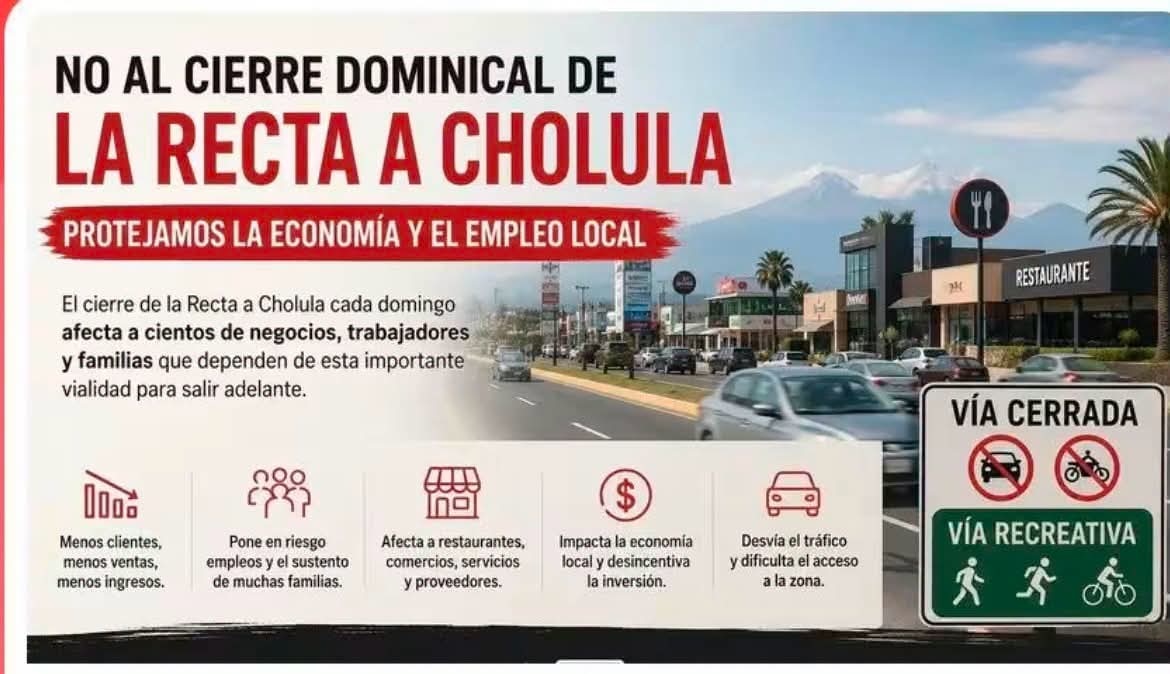 Comerciantes impulsan petición para replantear el cierre dominical de la Recta a Cholula por la Vía Recreativa