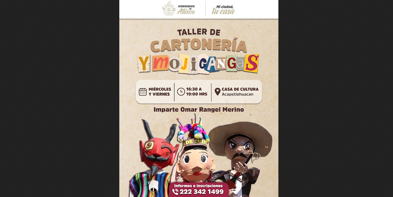 Personas elaborando mojigangas en un taller cultural de Atlixco.
