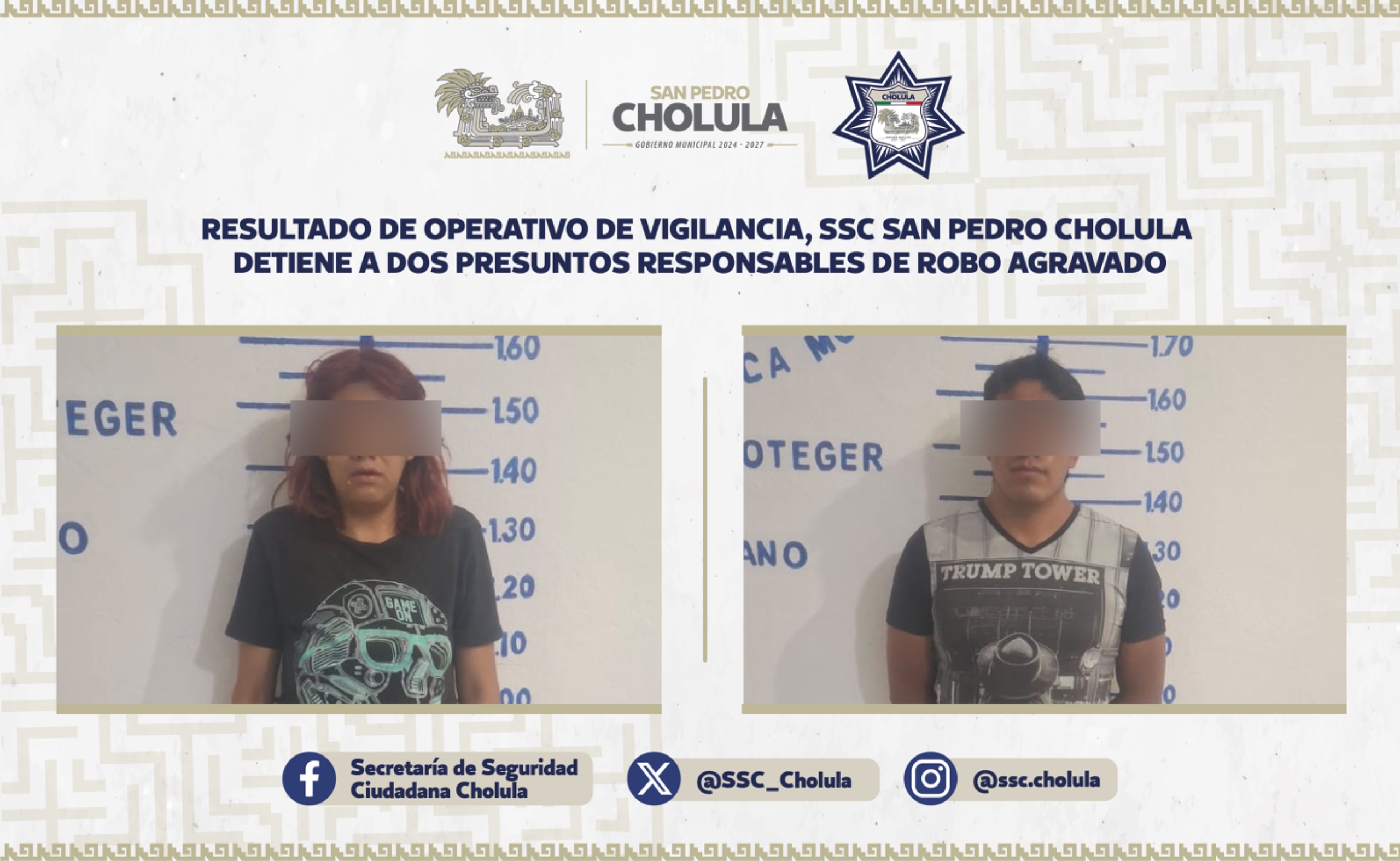 Resultado de operativo de vigilancia, SSC de San Pedro Cholula detiene a dos presuntos responsables de robo agravado