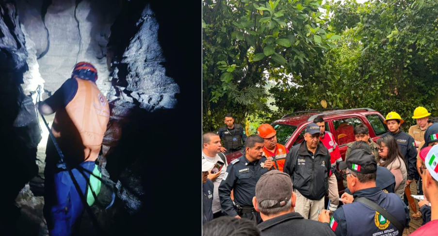 Rescatistas trabajan en una gruta inundada de Cuetzalan, Puebla.