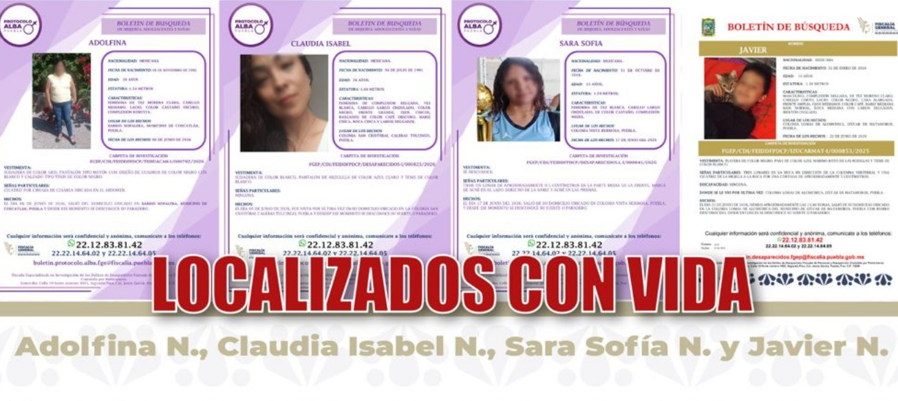 Autoridades de Puebla informan la localización de cuatro personas reportadas como desaparecidas