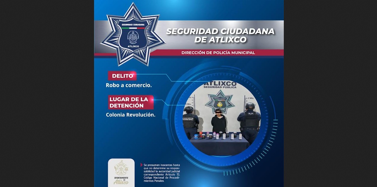 Policía Municipal de Atlixco durante detención de hombre por robo en comercio