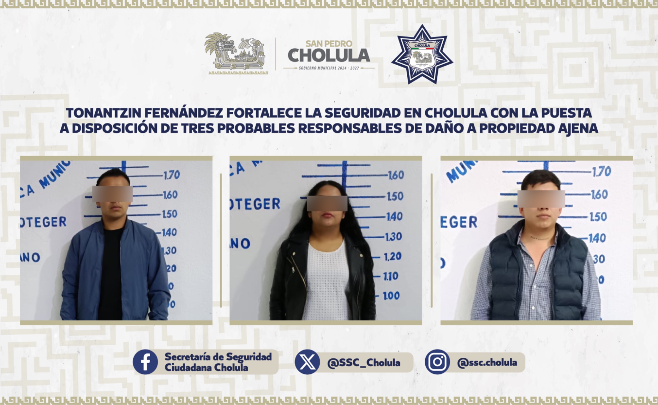 Tonantzin Fernández fortalece la seguridad en Cholula con la puesta a disposición de tres probables responsables de daño a propiedad ajena