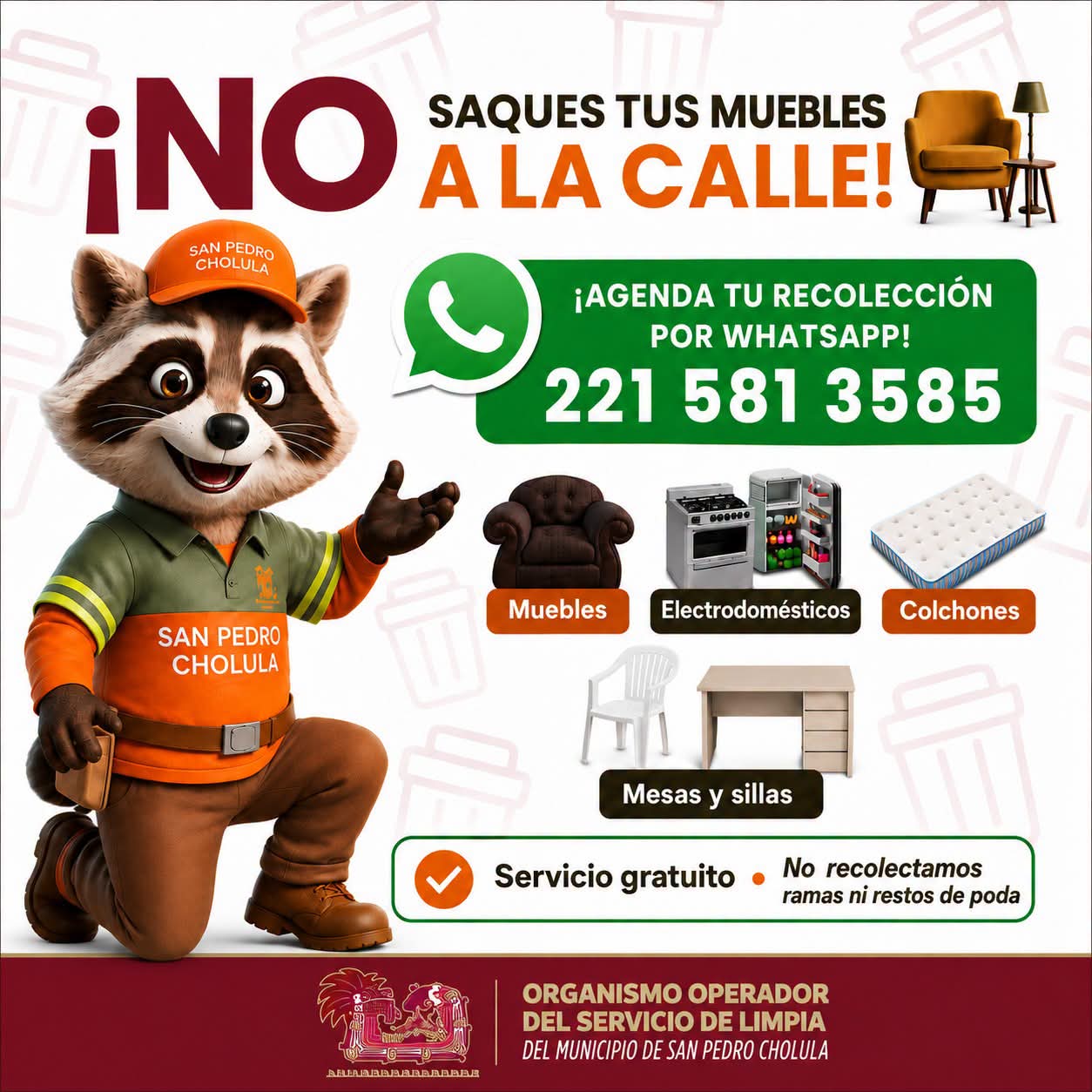 Invita Servicio de Limpia de San Pedro Cholula a solicitar recolección gratuita de muebles y objetos voluminosos