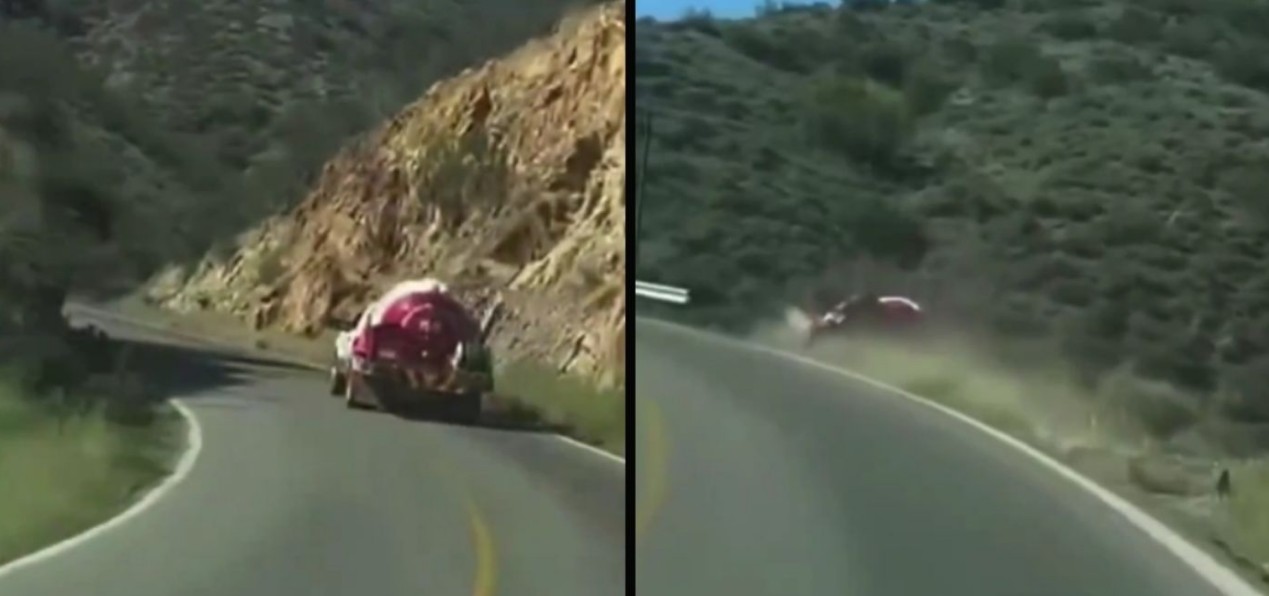 Video viral muestra momento en que pipa de gas cae a un barranco en Puebla