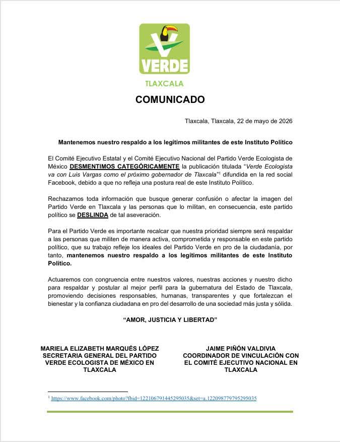 Desmiente PVEM Tlaxcala alianza con Luis Vargas rumbo a la gubernatura
