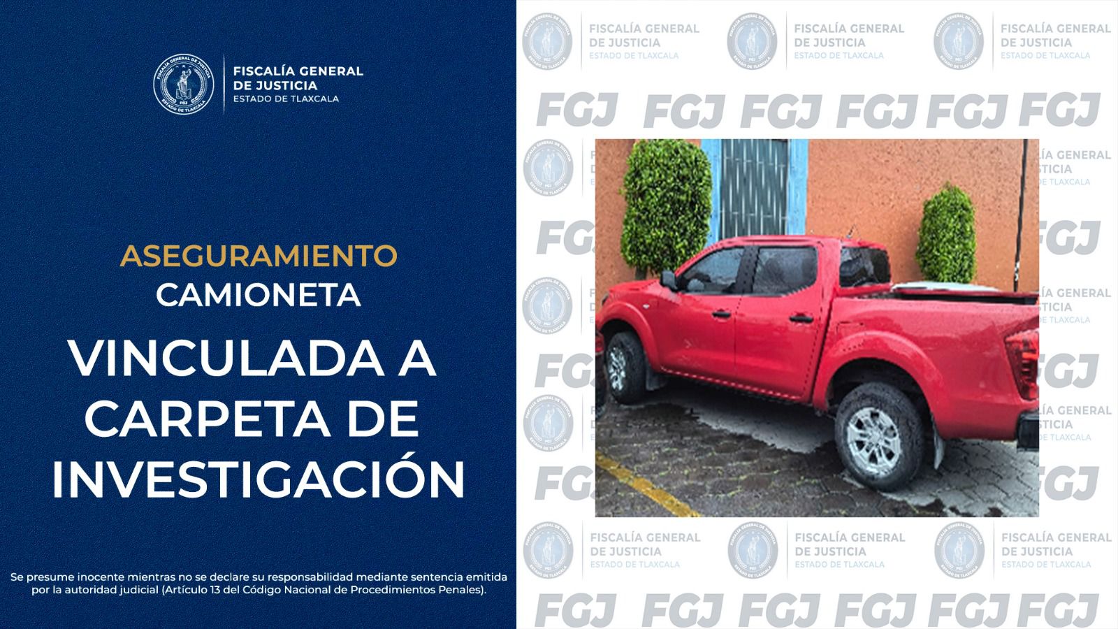 Camioneta roja asegurada por agentes de investigación en Apetatitlán
