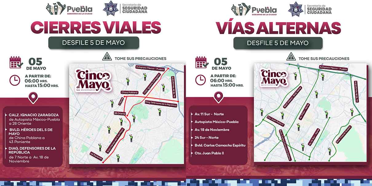Cierres viales por desfile del 5 de Mayo afectarán principales avenidas de Puebla