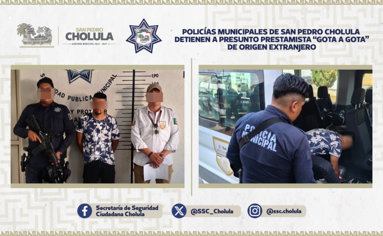 Policías municipales de San Pedro Cholula detienen a presunto prestamista “gota a gota” de origen extranjero