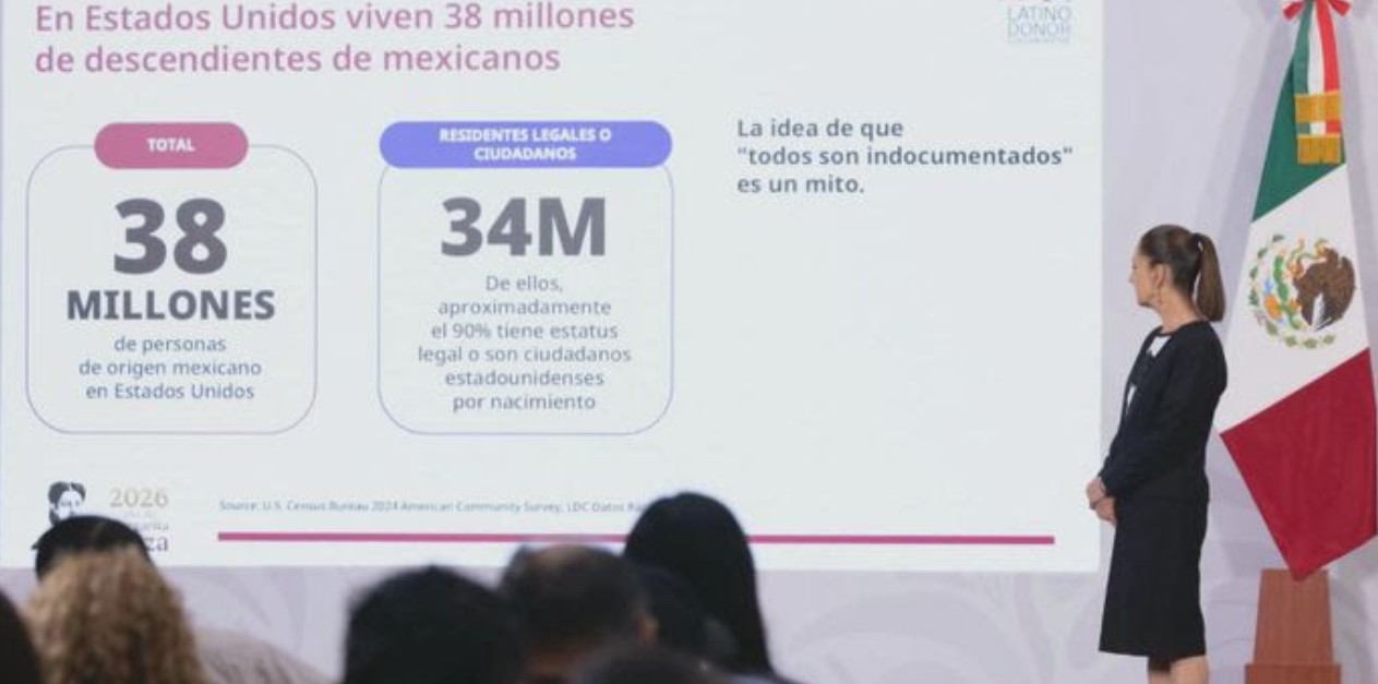 Claudia Sheinbaum durante conferencia sobre mexicanos en Estados Unidos.