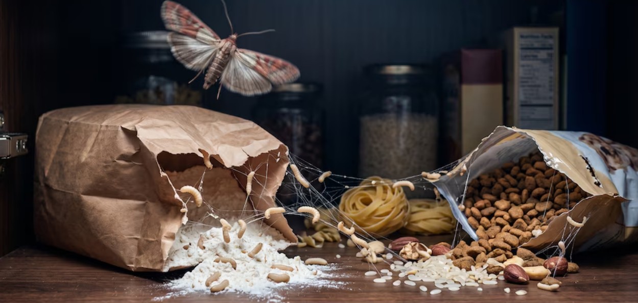 Polilla de la harina junto a alimentos secos.