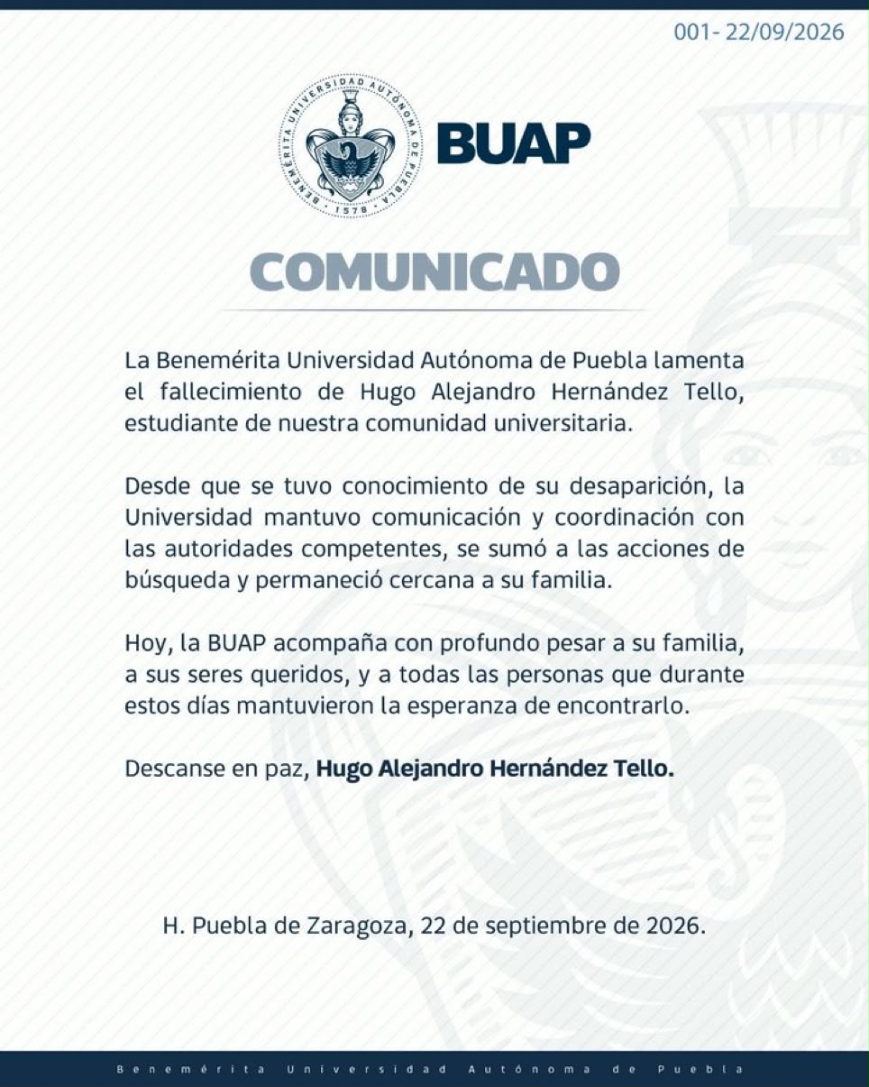 BUAP lamenta muerte de Hugo Alejandro Hernández y ofrece apoyo a su familia