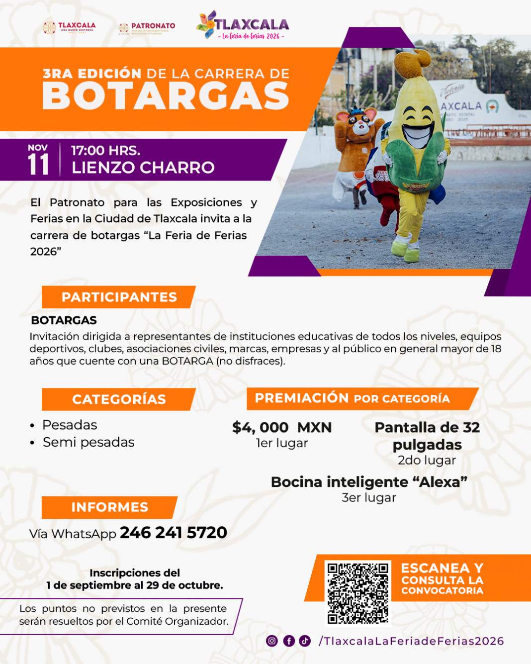 Botargas participan en una carrera durante la Feria de Tlaxcala.