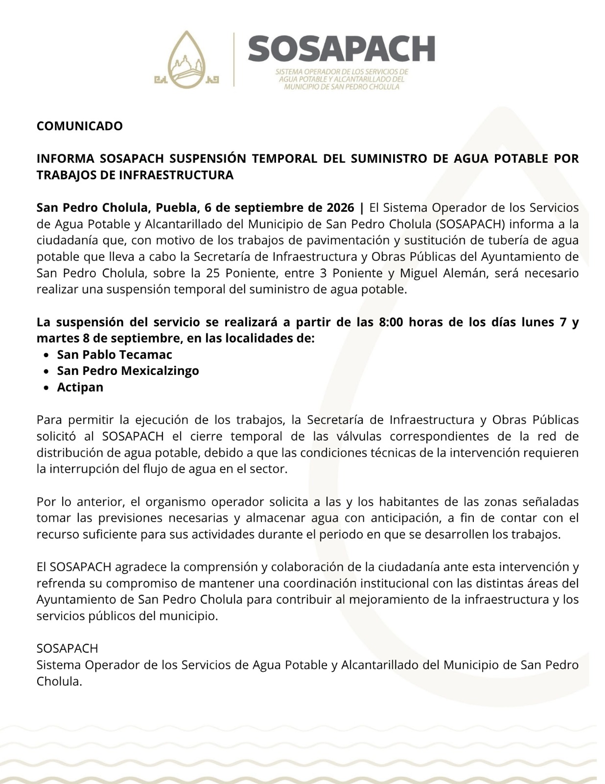 Informa SOSAPACH suspensión temporal del suministro de agua potable por trabajos de infraestructura
