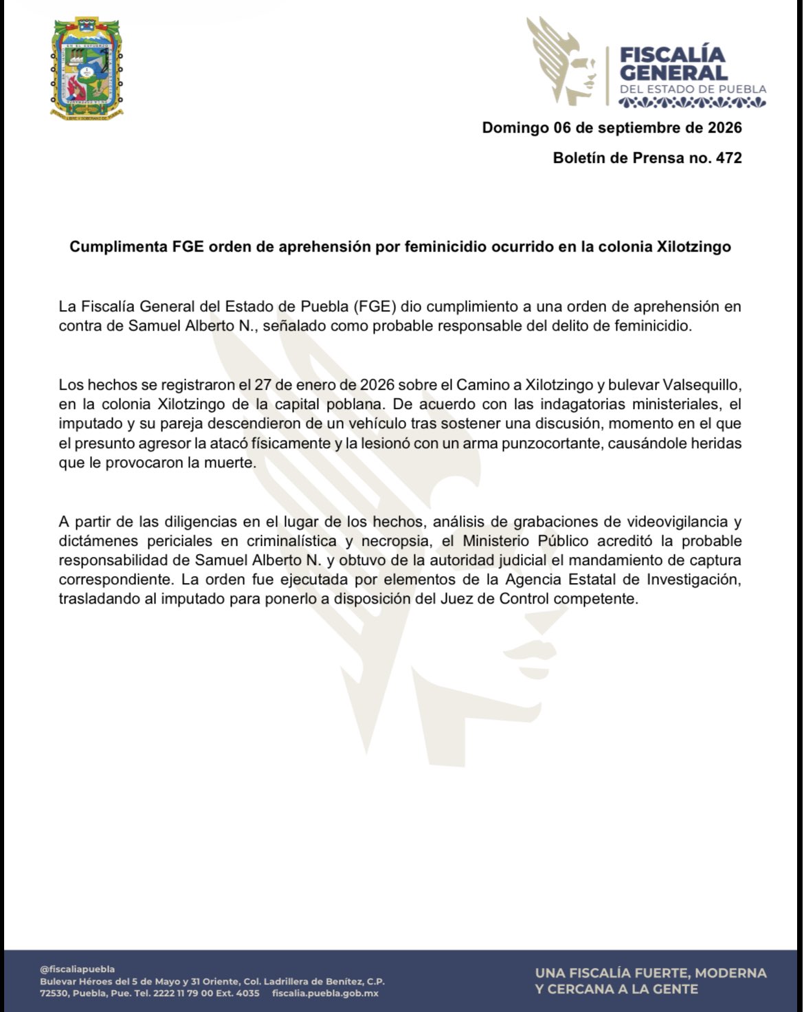 Detenido por feminicidio en Xilotzingo