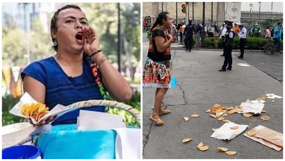 Lady Tacos de Canasta es interceptada por policías y le tiran la mercancía (Video)