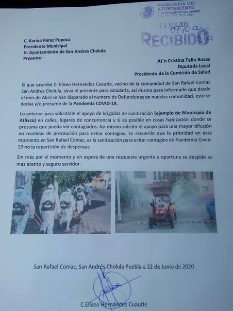 Piden a Karina Pérez sanitización en San Rafael Comac ante aumento de muertes 