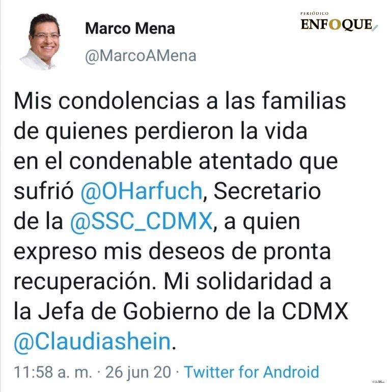 Condena Marco Mena ataque a García Harfuch 