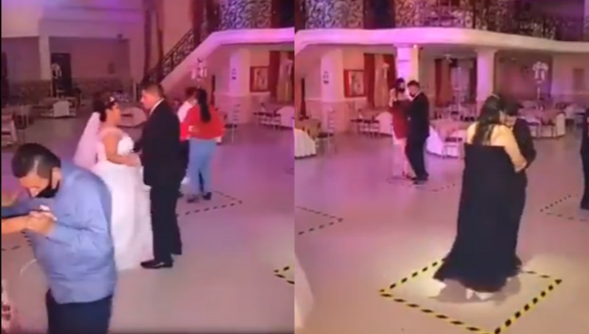 Boda covid ejemplar: Con cubrebocas y cuadrito por pareja para bailar (Video)