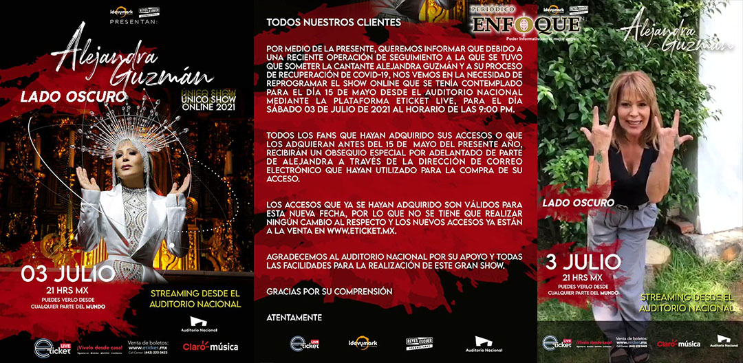 Alejandra Guzmán, “Lado obscuro”, se pospone para el 03 de julio de 2021, streaming, Auditorio Nacional. Comunicado de la cantante y organizadores.