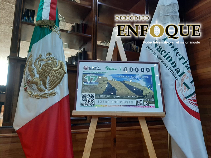 Plasman en billete de la Lotería Nacional imagen de la zona arqueológica Cacaxtla-Xochitécatl