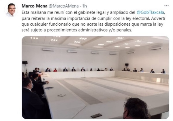 Marco Mena reúne a gabinete estatal para reiterar cumplimiento de ley electoral